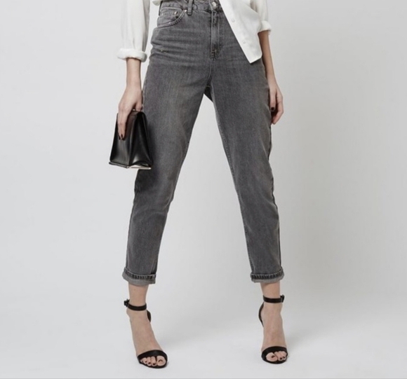 Topshop Denim - Topshop Moto Mom Jeans Distressed Charcoal Denim Women's Size 25